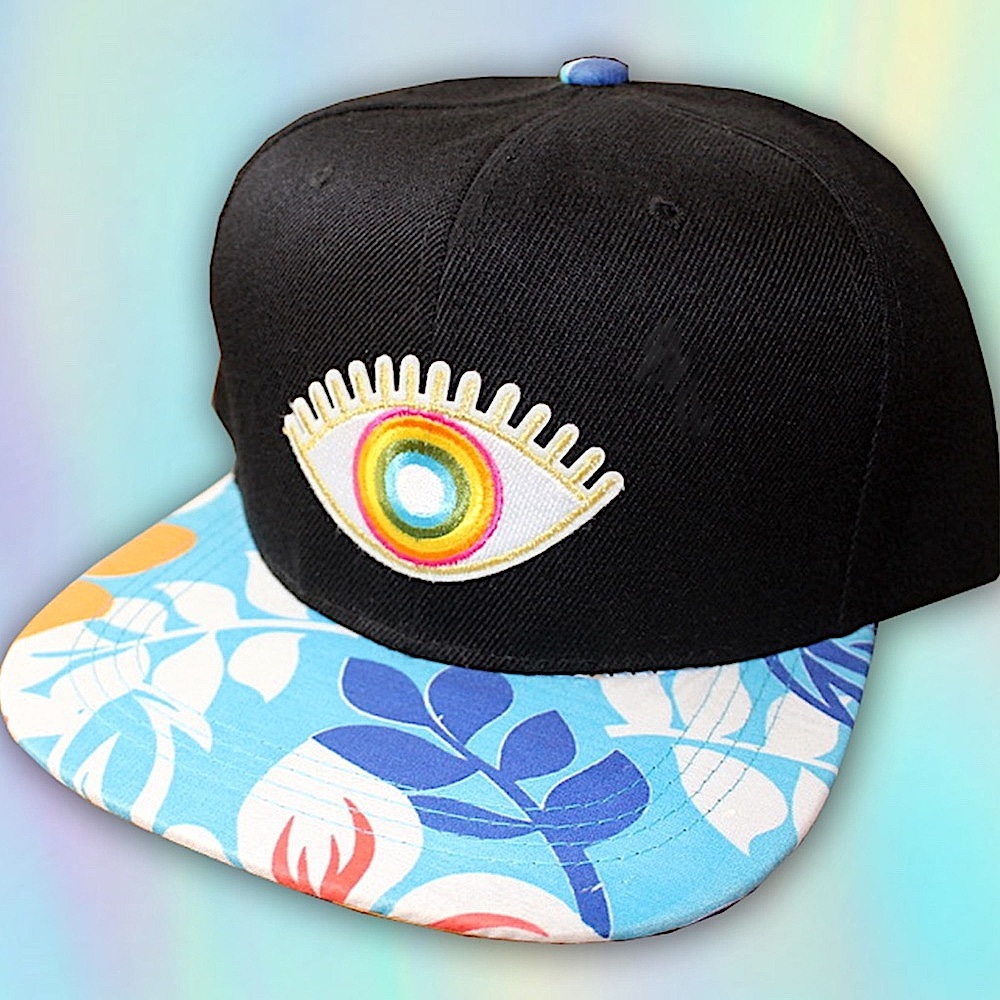 Trippy Rainbow Eye Snapback Hat | Black Blue Floral Colorful Trippy Festival
